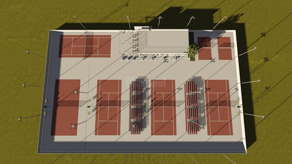 Proiectul bazei sportive cuprinde patru terenuri de tenis de câmp și un teren de antrenament, toate pe zgură