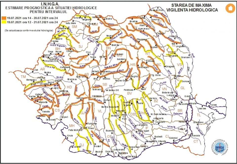 Harta avertizare hidro 19 iulie 2021