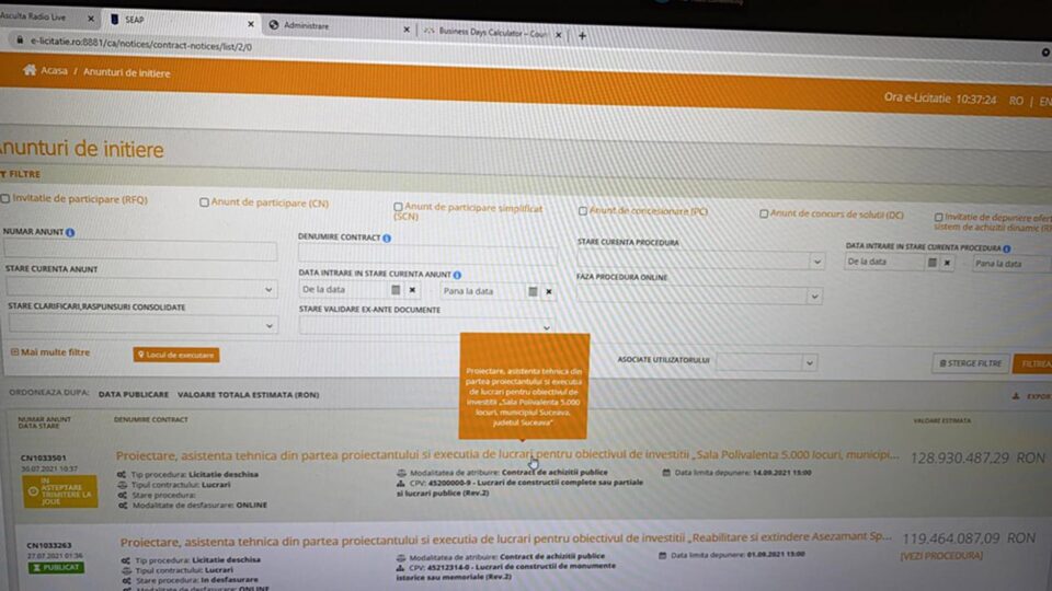 Edilul sucevean a și prezentat dovada că licitația a fost deja organizată – un extras din sistemul național de licitații electronice