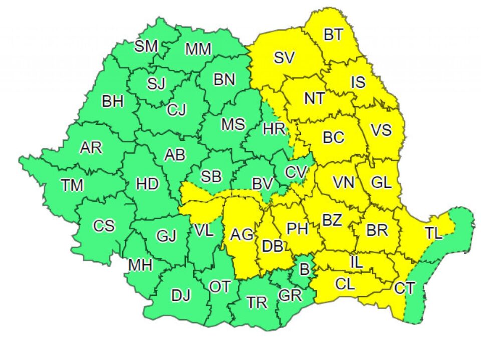Cod galben de furtuni și ploi torențiale, în județul Suceava, până joi dimineață