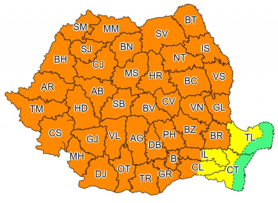 Cod portocaliu de vijelii puternice, grindină și averse torențiale în aproape toată țara Cod portocaliu de vijelii puternice, grindină și averse torențiale în aproape toată țara