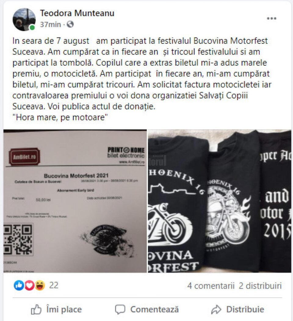 Postarea viceprimarului Teodora Munteanu, prin care anunta donarea contravalorii premiului