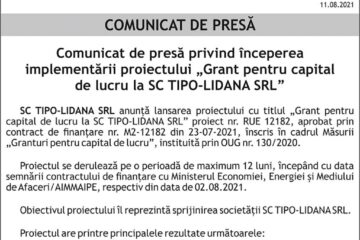 Comunicat de presă privind începerea implementării proiectului „Grant pentru capital de lucru la SC TIPO-LIDANA SRL”