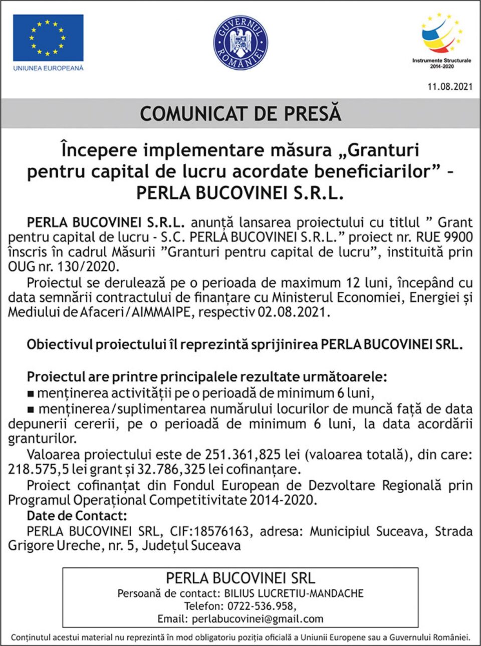 Începere implementare măsura „Granturi pentru capital de lucru acordate beneficiarilor” – PERLA BUCOVINEI S.R.L. Începere implementare măsura „Granturi pentru capital de lucru acordate beneficiarilor” – PERLA BUCOVINEI S.R.L.