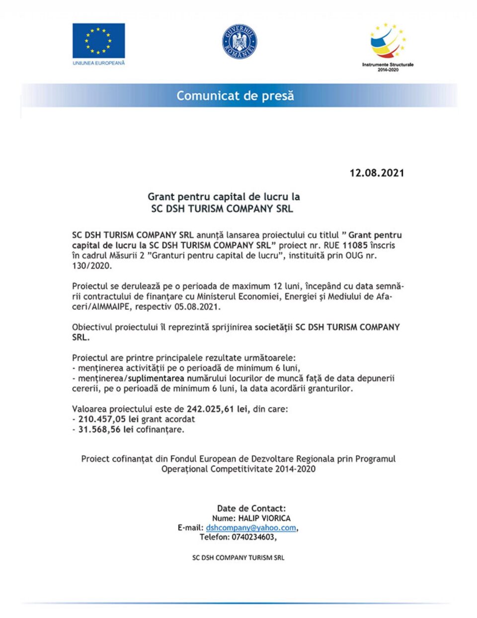 Grant pentru capital de lucru la SC DSH TURISM COMPANY SRL