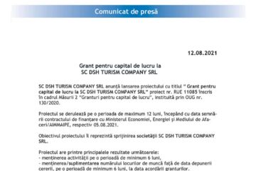 Grant pentru capital de lucru la SC DSH TURISM COMPANY SRL