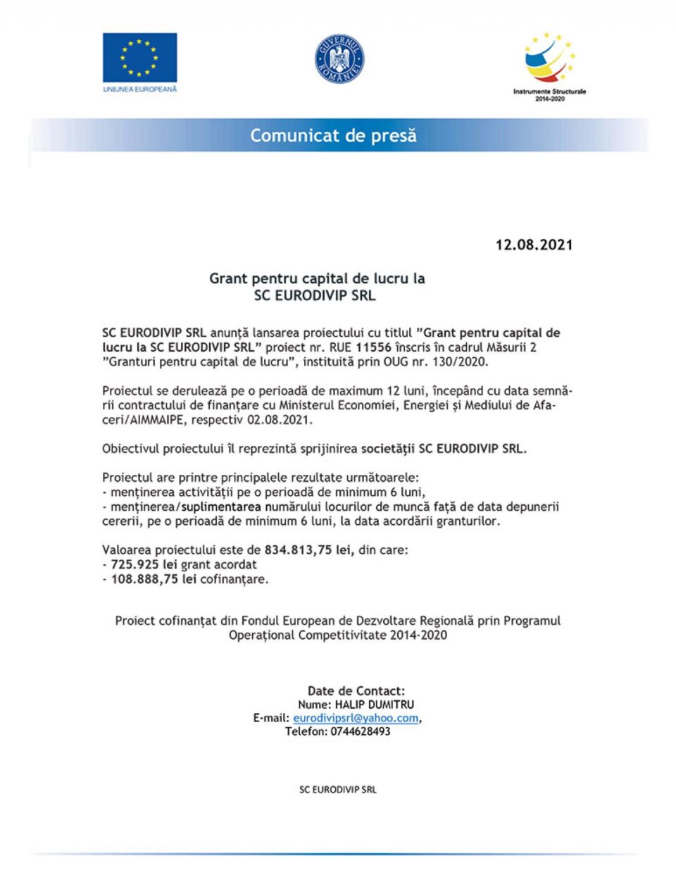 Grant pentru capital de lucru la SC EURODIVIP SRL