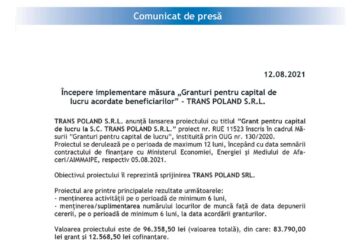 Începere implementare măsura „Granturi pentru capital de lucru acordate beneficiarilor” – TRANS POLAND S.R.L.