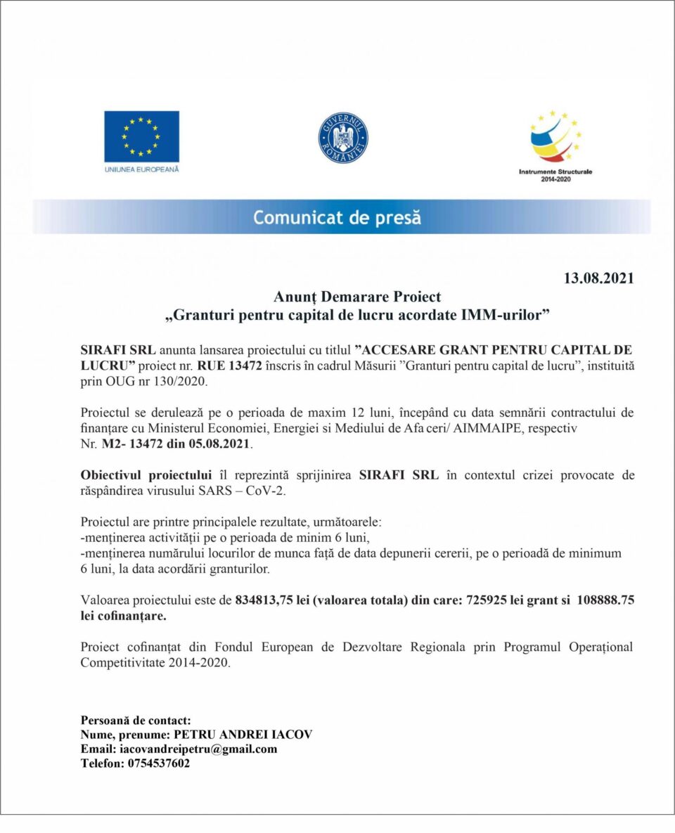 Anunț Demarare Proiect „Granturi pentru capital de lucru acordate IMM-urilor” Anunț Demarare Proiect „Granturi pentru capital de lucru acordate IMM-urilor”