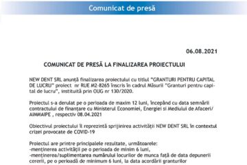 COMUNICAT DE PRESĂ LA FINALIZAREA PROIECTULUI NEW DENT