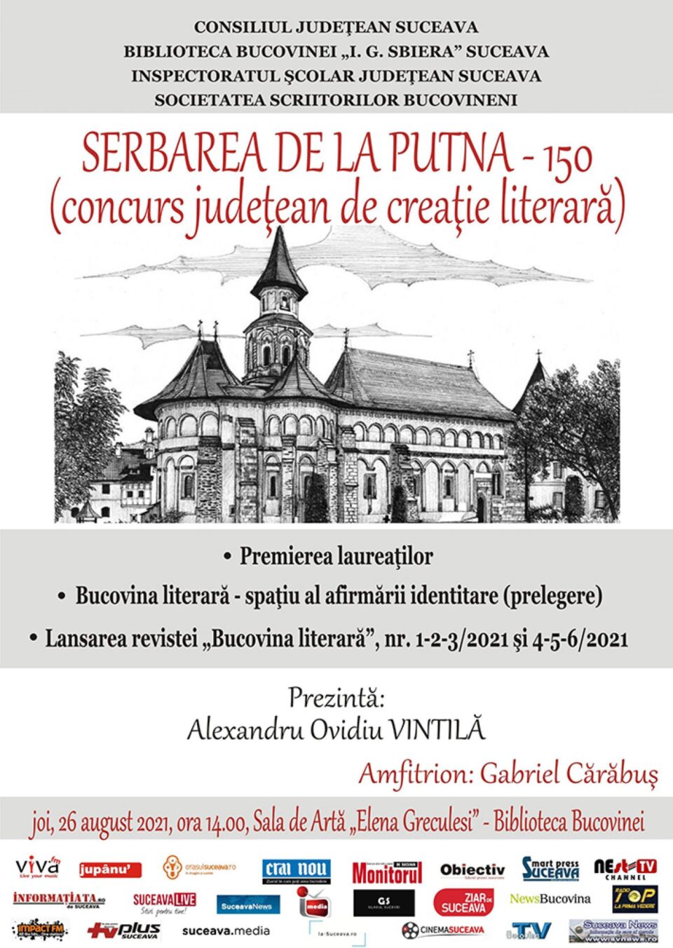 Laureații concursului de creație literară „Serbarea de la Putna - 150” vor fi premiați joi, la Biblioteca Bucovinei „I. G. Sbiera” Laureații concursului de creație literară „Serbarea de la Putna - 150” vor fi premiați joi, la Biblioteca Bucovinei „I. G. Sbiera”