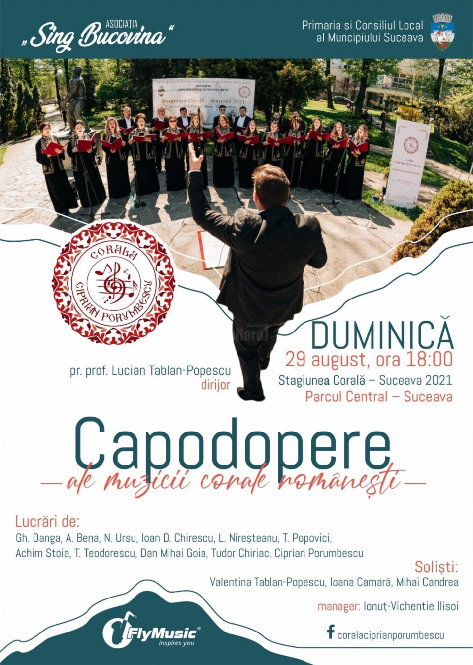 Capodopere ale muzicii corale românești, duminică, în parcul central al municipiului Suceava