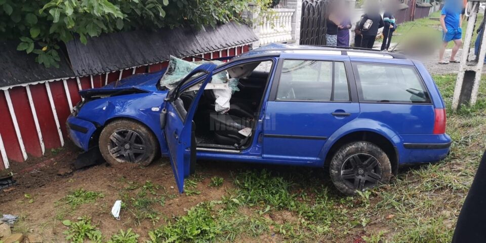 Autoturism ajuns în gard, după ce a acroșat două vaci