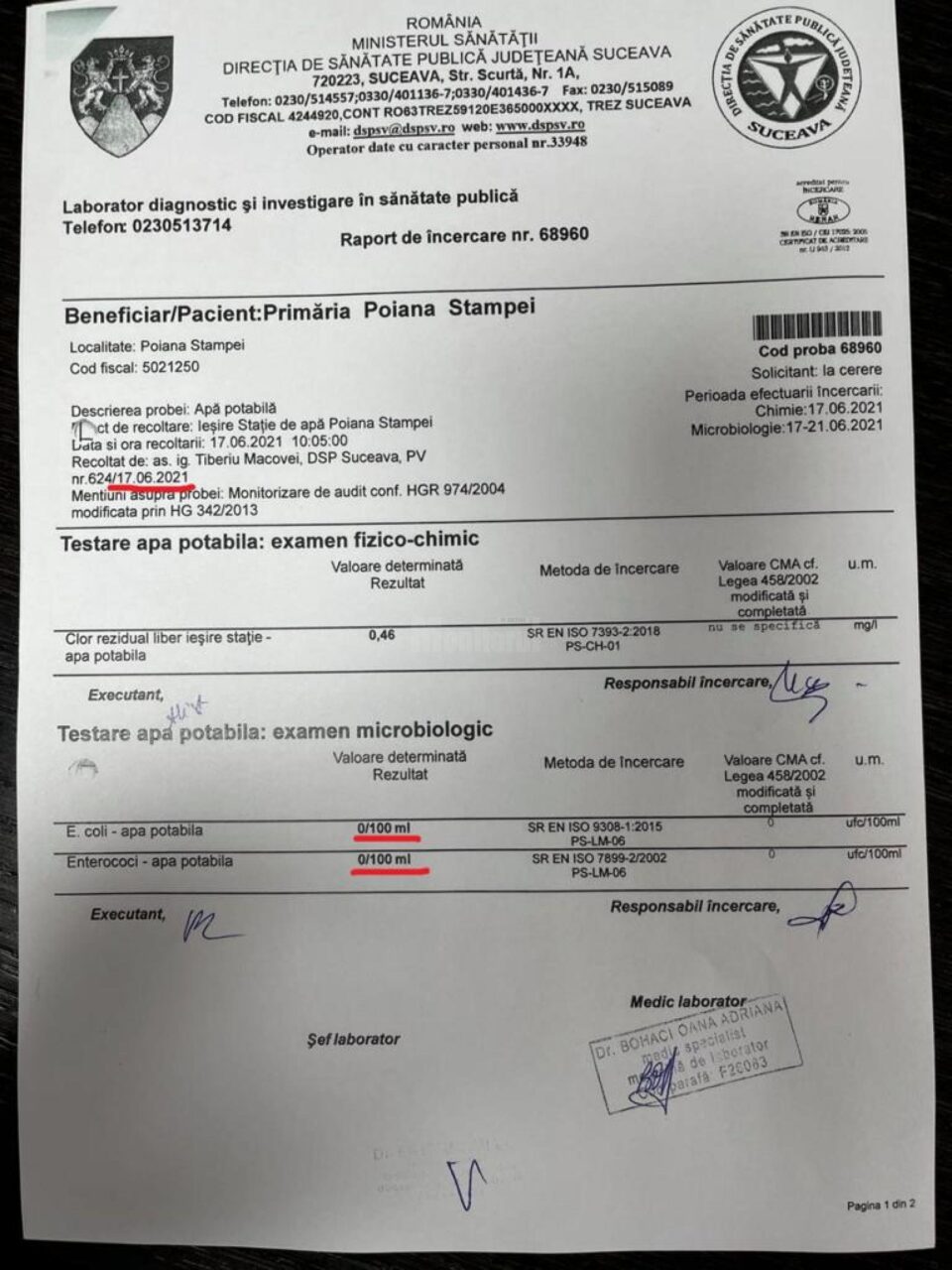 "În apa potabilă furnizată cetățenilor din Poiana Stampei n-au existat NICIODATĂ nici E-coli și nici Enterococi"