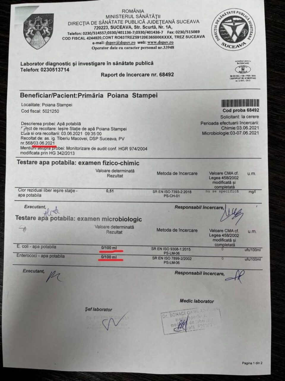 "În apa potabilă furnizată cetățenilor din Poiana Stampei n-au existat NICIODATĂ nici E-coli și nici Enterococi"