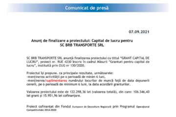 Anunț de finalizare a proiectului: Capital de lucru pentru SC BRB TRANSPORTE SRL