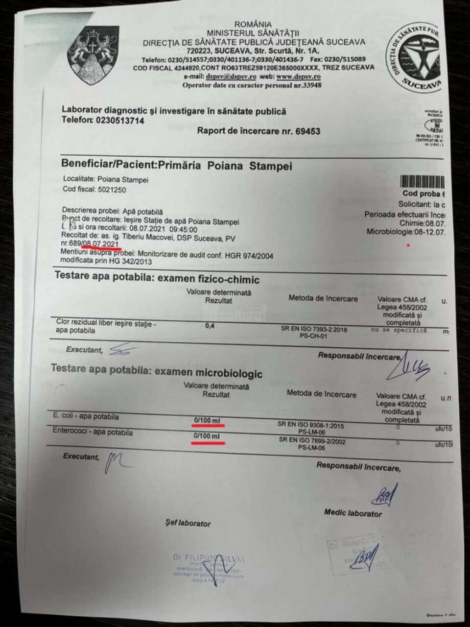 "În apa potabilă furnizată cetățenilor din Poiana Stampei n-au existat NICIODATĂ nici E-coli și nici Enterococi"