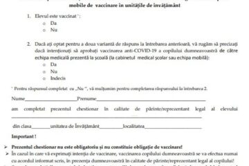 Chestionarul de exprimare a intenției de vaccinare în rândul elevilor minori va ajunge în școli