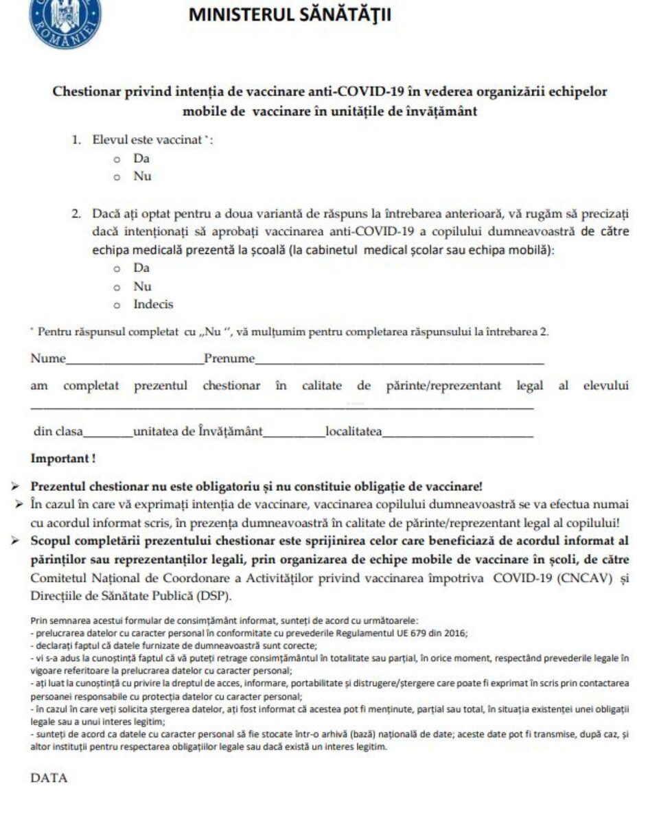 Chestionarul de exprimare a intenției de vaccinare în rândul elevilor minori va ajunge în școli Chestionarul de exprimare a intenției de vaccinare în rândul elevilor minori va ajunge în școli