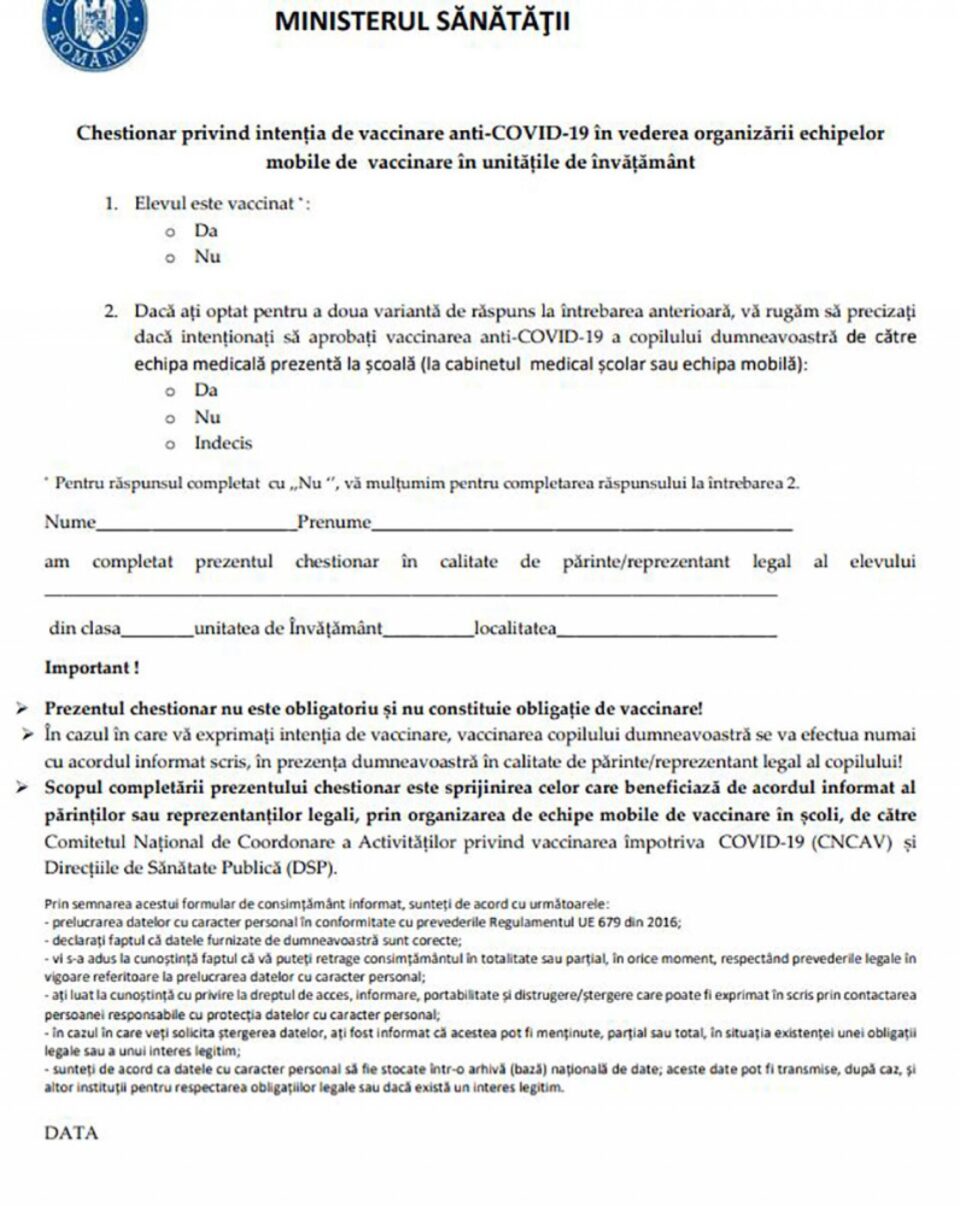 Chestionarul de exprimare a intenției de vaccinare în rândul elevilor minori va ajunge în școli