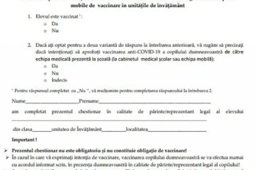 Chestionarul de exprimare a intenției de vaccinare în rândul elevilor minori va ajunge în școli