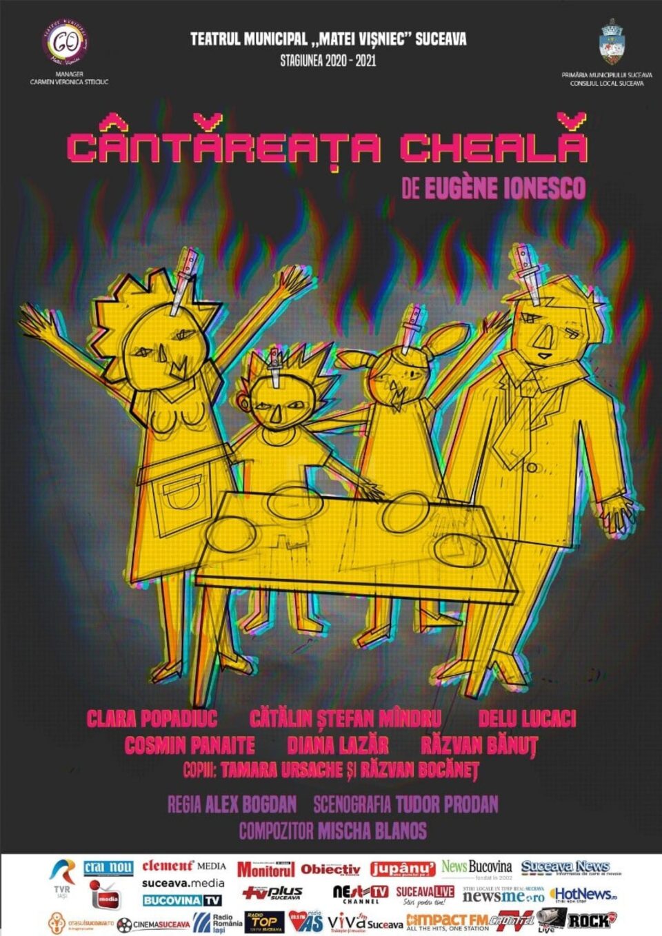 Spectacolul Cântăreața cheală, regizat de Alex Bogdan, producție a Teatrului Matei Vișniec Suceava