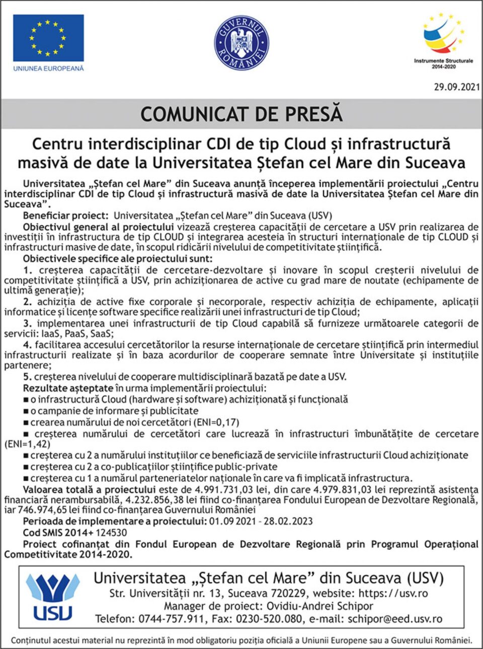 Centru interdisciplinar CDI de tip Cloud și infrastructură masivă de date la Universitatea Ștefan cel Mare din Suceava
