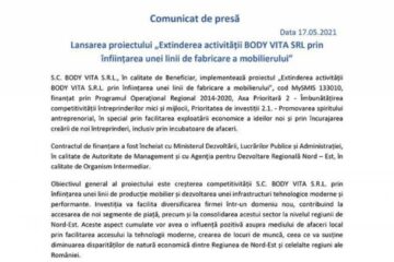 Lansarea proiectului „Extinderea activității BODY VITA SRLa prin înființarea unei linii de fabricare a mobilierului”