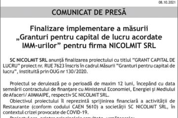 Finalizare implementare a măsurii „Granturi pentru capital de lucru acordate IMM-urilor” pentru firma NICOLMIT SRL