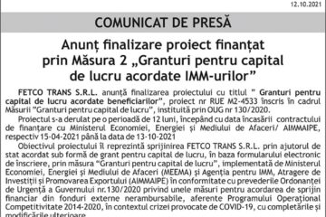 Anunț finalizare proiect finanțat prin Măsura 2 „Granturi pentru capital de lucru acordate IMM-urilor”