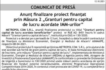 Anunț finalizare proiect finanțat prin Măs 2 „Granturi pentru capital de lucru acordate IMM-urilor”
