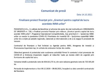 Finalizare proiect finanțat prin „Granturi pentru capital de lucru acordate IMM-urilor”