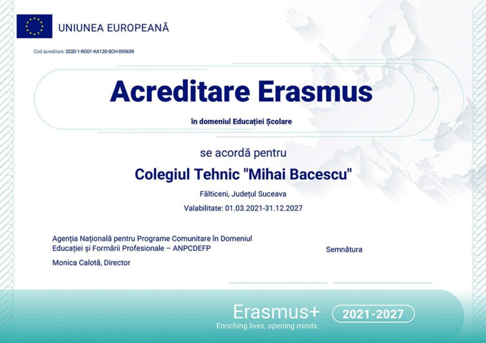 Colegiul Tehnic „Mihai Băcescu” din Fălticeni a obținut Acreditarea pentru proiecte Erasmus+ Colegiul Tehnic „Mihai Băcescu” din Fălticeni a obținut Acreditarea pentru proiecte Erasmus+