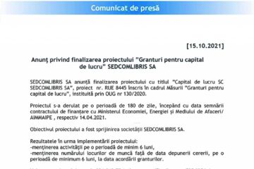 Anunț privind finalizarea proiectului ”Granturi pentru capital de lucru” SEDCOMLIBRIS SA