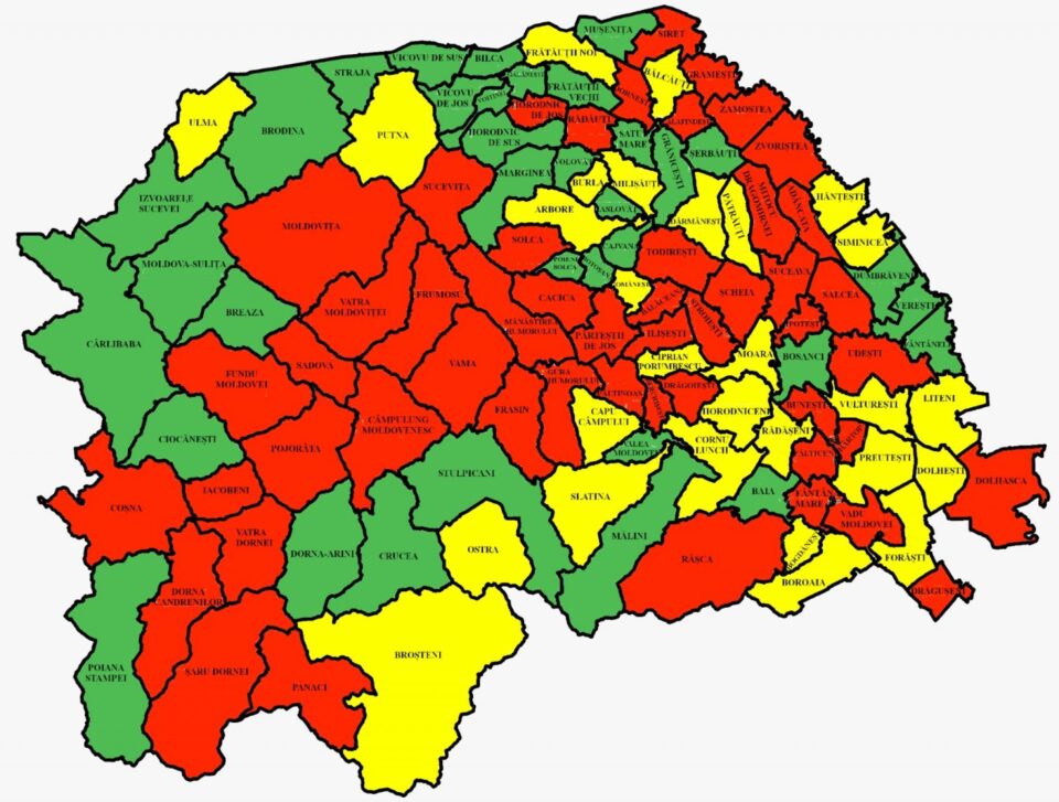 Harta cu incidența cazurilor de Covid din județul Suceava