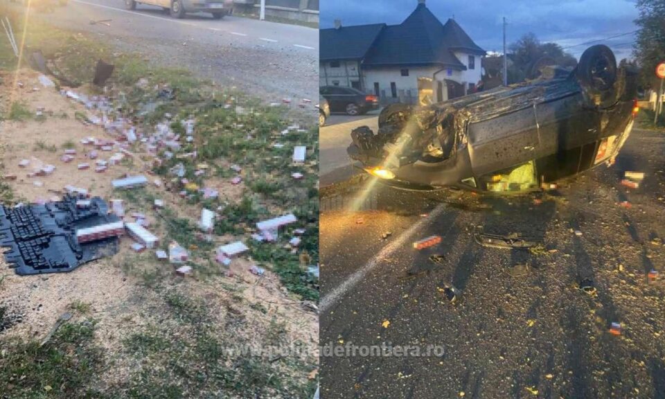 Mașina răsturnată și țigările împrăștiate