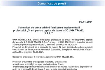 Comunicat de presa privind finalizarea implementarii proiectului „Grant pentru capital de lucru la SC UNIK TRAVEL S.R.L.”