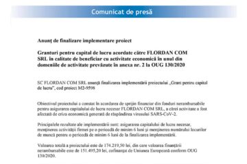 Granturi pentru capital de lucru acordate către FLORDAN COM SRL în calitate de beneficiar cu activitate economică în unul din domeniile de activitate prevăzute în anexa nr. 2 la OUG 130/2020