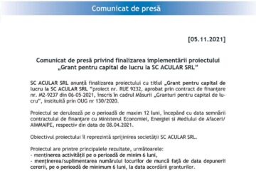 Comunicat de presă privind finalizarea implementării proiectului „Grant pentru capital de lucru la SC ACULAR SRL”