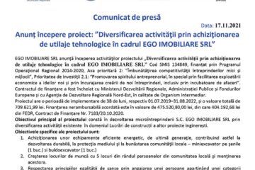 Anunț începere proiect: ”Diversificarea activității prin achiziționarea de utilaje tehnologice în cadrul EGO IMOBILIARE SRL”