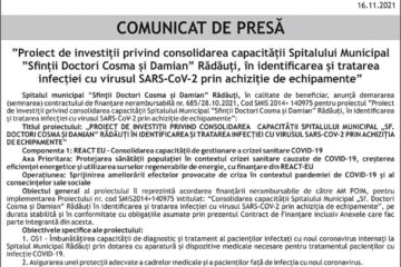 Lansare proiect: ”Proiect de investiții privind consolidarea capacității Spitalului Municipal ”Sfinții Doctori Cosma și Damian” Rădăuți, în identificarea și tratarea infecției cu virusul SARS-CoV-2 prin achiziție de echipamente”
