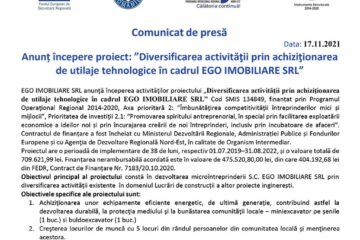 Anunț începere proiect: ”Diversificarea activității prin achiziționarea de utilaje tehnologice în cadrul EGO IMOBILIARE SRL”