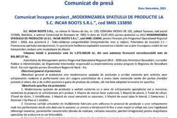 Comunicat începere proiect „MODERNIZAREA SPAȚIULUI DE PRODUCTIE LA S.C. INCAR BOOTS S.R.L.”, cod SMIS 133890