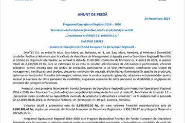 Programul Operațional Regional 2014 – 2020 Semnarea contractului de finanțare pentru proiectul de investiții „Dezvoltarea activității S.C. DANTEX S.A.” Cod SMIS 136569 - proiect cofinanțat prin Fondul European de Dezvoltare Regională -