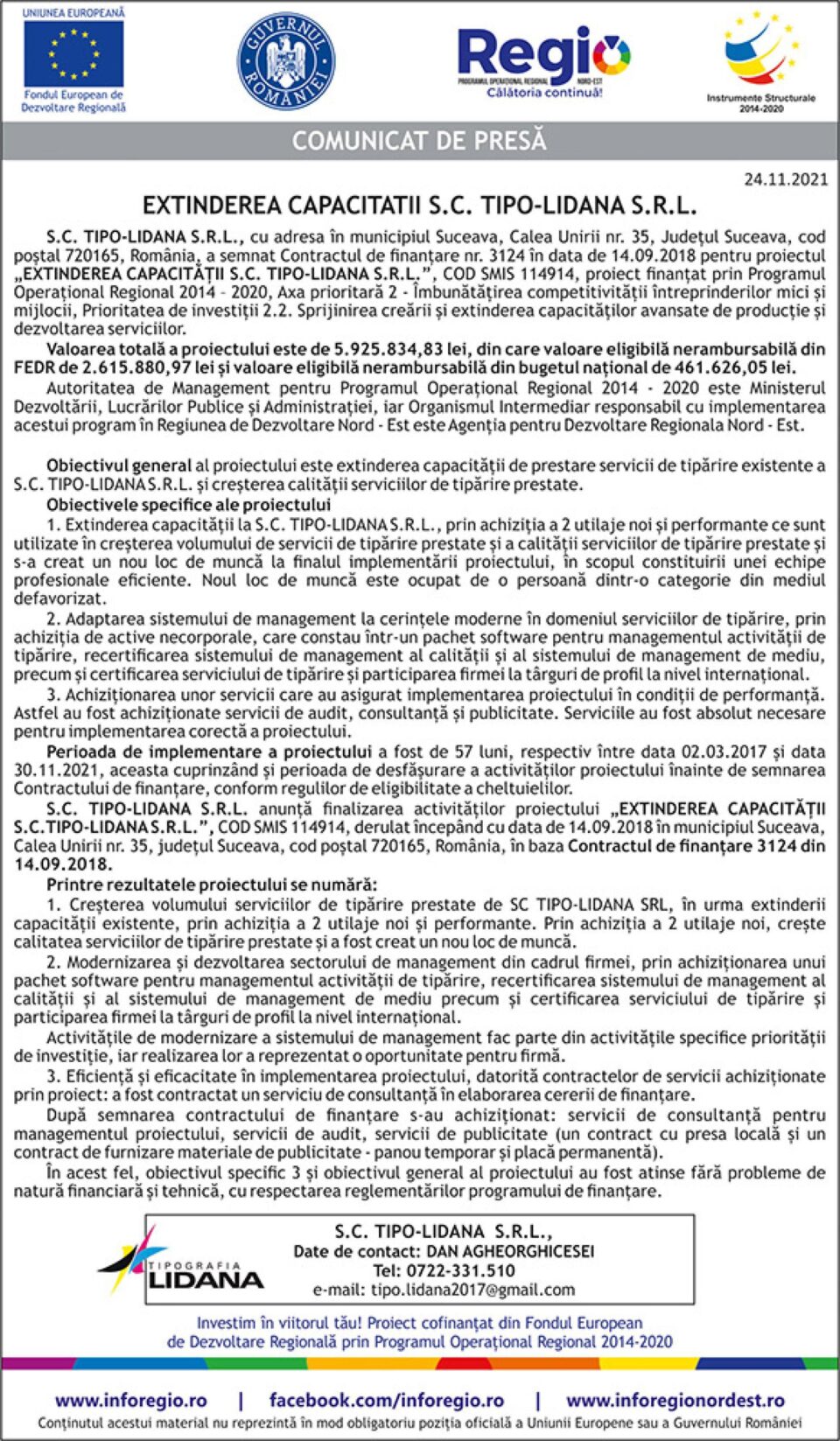 EXTINDEREA CAPACITATII S.C. TIPO-LIDANA S.R.L.