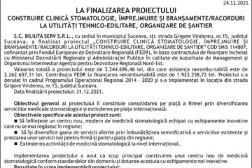 LA FINALIZAREA PROIECTULUI CONSTRUIRE CLINICĂ STOMATOLOGIE, ÎMPREJMUIRE ȘI BRANȘAMENTE/RACORDURI LA UTILITĂȚI TEHNICO-EDILITARE, ORGANIZARE DE ȘANTIER