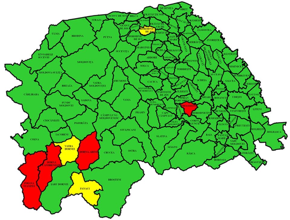 Patru localități din Suceava mai sunt în „zona roșie” și trei în cea „galbenă”