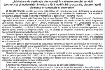LA LANSAREA PROIECTULUI „Schimbare de destinație din locuință în cabinete prestări servicii (cosmetice) și modernizări interioare fără modificări structurale, placare fațadă elemente ornamentale și decorative”