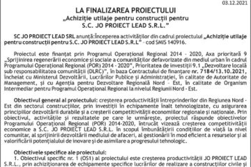 LA LANSAREA PROIECTULUI „Achiziție utilaje pentru construcții pentru S.C. JO PROIECT LEAD S.R.L.”