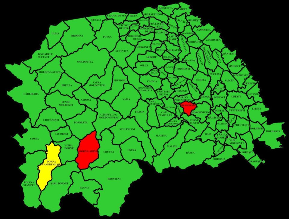 Harta incidenței Covid-19 în județul Suceava la data de 3 decembrie 2021